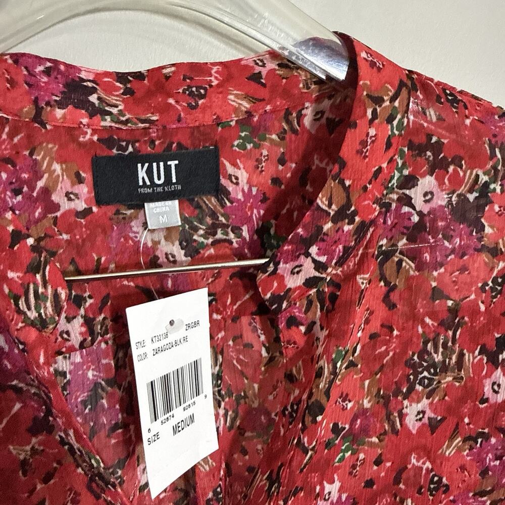 KUT From The Kloth Red Floral Sheer Button Down Blouse M Roll Tab Sleeves NEW - Picture 3 of 5